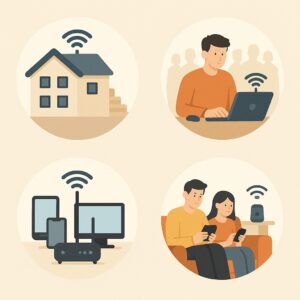 집과 사무실 공간에 설치된 메쉬 Wi-Fi 공유기 신호가 퍼지는 모습