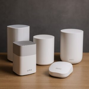 책상 위에 놓인 다양한 Mesh Wi-Fi 공유기 라우터 – TP-Link, Eero 등 최신 메쉬 와이파이 기기들이 모던한 인테리어 공간에서 배열된 이미지