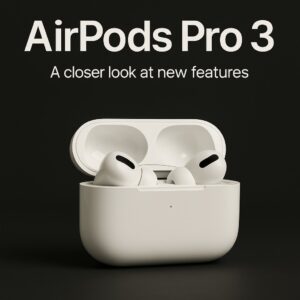 세련된 배경 위에 놓인 Apple AirPods Pro 3 충전 케이스와 이어폰