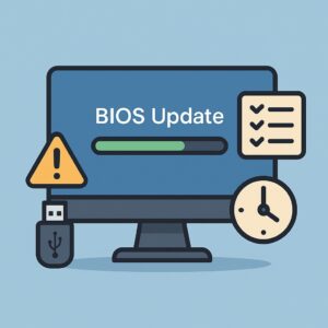 BIOS 업데이트 진행과 주의사항을 상징하는 일러스트