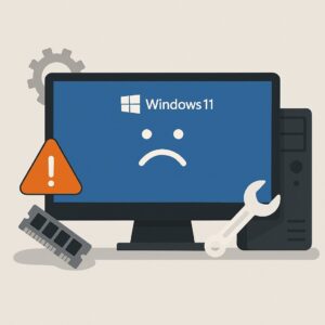 Windows 11 블루스크린 오류를 나타내는 컴퓨터 모니터와 RAM, 경고 아이콘, 렌치, 톱니바퀴가 함께 있는 일러스트