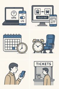 VPN 설정, LTE 활용, 예매 일정 확인, 취소표 알림, 현장 창구 이용 등 연휴·명절 기차표 예매 전략을 상징하는 아이콘 일러스트