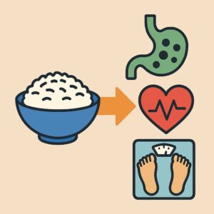 네모난 밀폐 용기에 소분된 흰 밥이 가지런히 담긴 모습으로, 찬밥 보관과 건강 효과를 시각적으로 표현함.
