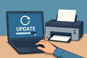 프린터 드라이버 업데이트를 상징하는 노트북과 프린터 일러스트
