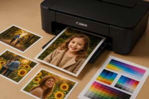 Canon PIXMA 사진 출력 장면 – 여러 장의 고화질 인화 사진과 컬러 테스트 시트가 놓인 자연광 작업 공간, 프리미엄 인쇄 과정