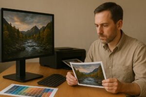 Canon과 Epson 프린터로 출력된 두 장의 사진이 테이블 위에 놓여 있고, 컬러차트와 인쇄물이 함께 있는 장면