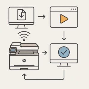 HP Smart App 연결 오류 해결 과정, 프린터 드라이버 설치부터 무선 연결 확인까지 단계별 과정을 나타내는 아이콘 스타일 이미지