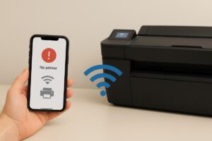 HP Smart 앱 Wi-Fi 연결 오류 장면, 프린터와 스마트폰 무선 연결 점검 모습