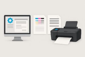 HP Utility 노즐 점검 화면과 프린터 테스트 패턴 출력 장면, 인쇄 품질 확인 과정