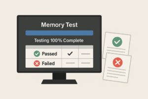 HP 메모리 진단 도구 테스트 과정, 컴퓨터 화면에서 메모리 검사 진행과 결과 상태를 시각적으로 표현한 시스템 진단 이미지