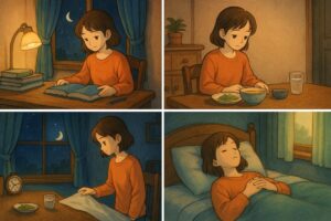 수능 수험생 수면 전략, 지브리풍 4컷 일러스트