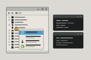 Windows 드라이버 오류 해결 과정, 장치 관리자 경고 표시와 명령어 복구 콘솔을 함께 보여주는 시스템 진단 이미지