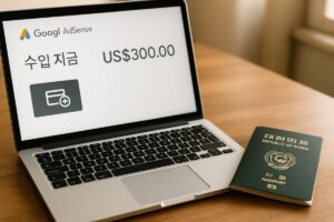 노트북 화면에 구글 애드센스 지급 금액 US$300.00이 표시된 장면, 옆에 대한민국 여권이 놓인 따뜻한 자연광 책상