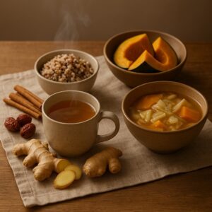 따뜻한 식단과 면역력 – 생강, 대추, 단호박, 계피 재료
