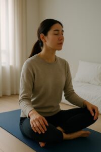 밝은 자연광이 드는 방 안에서 요가 매트 위에 앉아 눈을 감고 호흡에 집중하는 사람