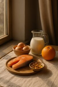 비타민 D와 면역력을 상징하는 본문용 이미지 – 창가의 자연광 아래 연어, 달걀, 우유, 오렌지가 따뜻한 빛 속에 놓인 건강한 겨울 식단 장면