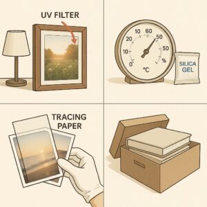 인화지 보관법 – UV 필터 액자, 실리카겔과 온습도 조절, 트레이싱지 보호, 보관 상자 정리로 색 바램 방지