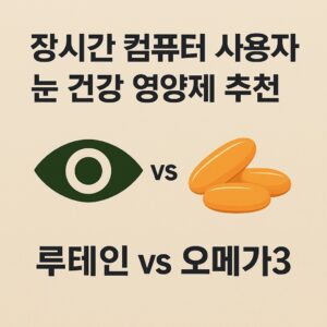 장시간 컴퓨터 사용자 눈 건강 영양제 추천, 루테인과 오메가3를 상징하는 시각 아이콘과 캡슐 이미지로 구성된 미니멀한 디자인