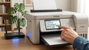 Epson 프린터의 무선 신호 끊김 문제를 해결하기 위해 조작 패널에서 2.4GHz Wi-Fi 모드와 주소 예약을 수동으로 설정하는 모습