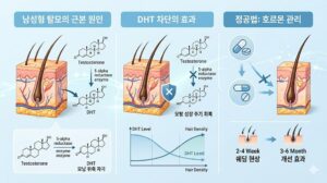 남성형 탈모 원인 및 DHT 차단 효과 인포그래픽