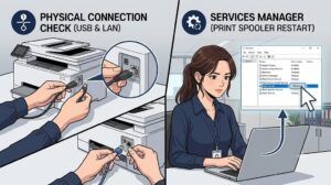 프린터 해결 가이드 웹툰. 왼쪽은 USB 및 LAN 포트 연결을 점검하는 손, 오른쪽은 노트북에서 'Print Spooler' 서비스를 'Restart' 시키는 과정을 보여주는 화면과 여성 직원의 이미지.