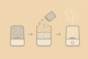 가습기 물때 제거 3단계, 구연산 세척으로 석회질 제거 후 깨끗하게 건조된 가습기에서 맑은 수증기가 퍼지는 과정