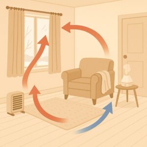 겨울 실내 열 순환 구조, 따뜻한 공기가 위로 올라가고 차가운 공기가 창문과 문틈으로 들어오는 모습