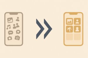 AI가 사진첩을 정리해 깔끔한 앨범으로 만드는 흐름을 표현한 3단계 인포그래픽