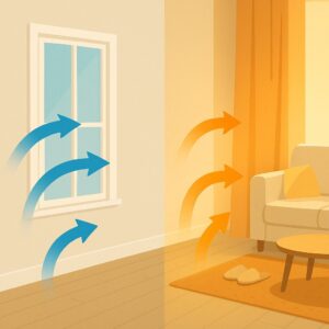 실내 열 흐름 인포그래픽, 왼쪽 창문에서는 파란 화살표로 열 손실이 표현되고 오른쪽 커튼과 러그 쪽에는 주황색 화살표로 따뜻한 공기가 머무는 장면