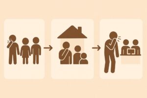 어린이→가정→직장으로 이어지는 독감 전파 구조 인포그래픽