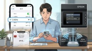 캐논 프린터 Wi-Fi가 아예 잡히지 않을 때 해결을 위한 스마트폰 2.4GHz 공유기 주파수 설정 및 앱 연결 안내 일러스트