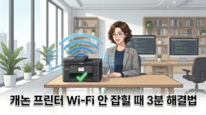 캐논 프린터 와이파이 안 잡힐 때 프린터 화면에 신호 충돌 효과가 발생하고 인쇄 불가능 상태를 보여주는 반실사 일러스트