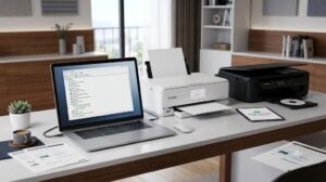Windows 장치 관리자에서 노란색 경고가 뜬 Canon 프린터 WSD 포트를 TCP/IP 포트로 변경하여 네트워크 오프라인 문제를 해결하는 방법을 보여주는 본문 이미지