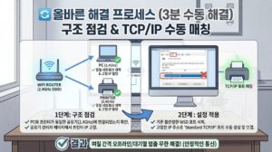네트워크 프린터 오류 반복 해결을 위한 올바른 프로세스를 보여주는 인포그래픽. 1단계로 공유기와 PC, 프린터의 동일 네트워크 대역 연결 및 고정 IP 할당을, 2단계로 윈도우 설정에서 Standard TCP/IP 포트 수동 매칭을 설명