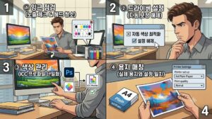 출력은 되는데 색이 이상할 때 확인해야 할 잉크 점검, 드라이버 설정, 색상 관리, 용지 매칭 4단계를 설명하는 본문 인포그래픽 이미지