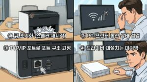 프린터 큐에 문서가 쌓이고 출력이 멈출 때 스풀러 재시작, 통신 상태 점검, TCP/IP 포트 변경, 드라이버 재설치로 이어지는 4단계 셀프 조치 순서를 설명하는 본문 인포그래픽 이미지