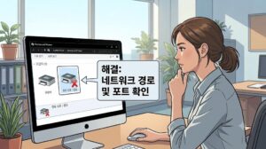 컴퓨터 화면 속 '장치 및 프린터' 창에서 경로 오류가 발생한 프린터를 확인하고, 옆에 '해결: 네트워크 경로 및 포트 확인'이라는 말풍선이 떠 있는 웹툰풍 일러스트 이미지