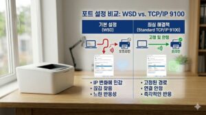 와이파이 프린터 연결 끊김 문제를 해결하기 위해 기본 WSD 포트에서 TCP/IP 9100 고정 포트로 변경했을 때의 반응성 및 안정성 성능 비교 가이드 인포그래픽 이미지