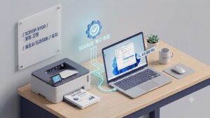 Windows 11 업데이트 후 프린터 포트 설정 및 제조사 드라이버 유지를 통해 '복구 완료'된 상태의 아이소메트릭 3D 이미지