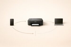 캐논 프린터 스마트폰은 되는데 PC 안 됨 원인을 비교해 보여주는 연결 진단 이미지