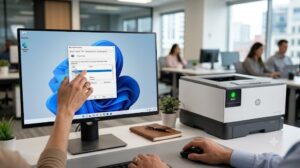 Windows 업데이트 후 프린터 설정 변경 현상을 컴퓨터 화면의 프린터 속성 창에서 직접 수동으로 정비하는 실사 이미지