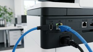인쇄 중 멈춤 현상 발생 시 드라이버 재설치 전에 확인해야 할 프린터 후면의 USB 포트 및 랜선 LAN 케이블 연결 상태를 보여주는 고해상도 실사 사진