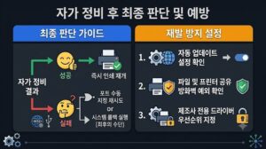 Windows 업데이트 후 프린터 설정 변경 현상에 대한 자가 정비 결과별 최종 판단 가이드 및 3대 재발 방지 설정을 요약한 본문 인포그래픽 이미지
