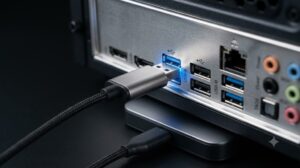 데스크탑 PC 본체 뒷면의 메인보드 직결 USB 포트에 외장하드 케이블을 직접 연결하여 전력 부족으로 인한 USB 장치 인식 안됨 오류를 해결하는 물리적 조치 방법의 실사 사진