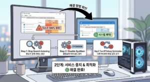 디스크 사용률 100% 해결 방법을 위해 윈도우 서치 인덱싱과 서비스 설정을 최적화하는 본문 안내 이미지