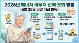 2026년 에너지 바우처 모바일 웹사이트 조회, 카드사 앱 이용, ARS 전화 확인 등 3가지 잔액 조회 방법을 설명하는 인포그래픽 이미지