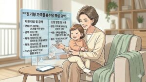 거실 소파에서 할머니가 손주를 안고 있는 정갈한 웹툰풍 일러스트와 경기형 가족돌봄수당의 지원 대상, 금액, 신청 방법 및 필수 서류 정보가 담긴 안내 인포그래픽 화면