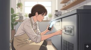 2026년 고효율 가전 구매지원 사업 환급 신청 시 반려를 방지하기 위해 스마트폰 플래시를 켜고 제조번호 명판을 선명하게 촬영하는 방법 안내 일러스트