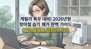 노트북 화면을 진지하게 바라보며 장마철 가전 활용법을 분석하는 단발머리 안경 착용 여성 일러스트