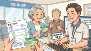 026년 여름 에너지 바우처 방문 신청을 위해 행정복지센터 창구에서 신분증을 내고 고령층 에어컨 전기세 지원금을 접수하는 어르신들의 본문 일러스트